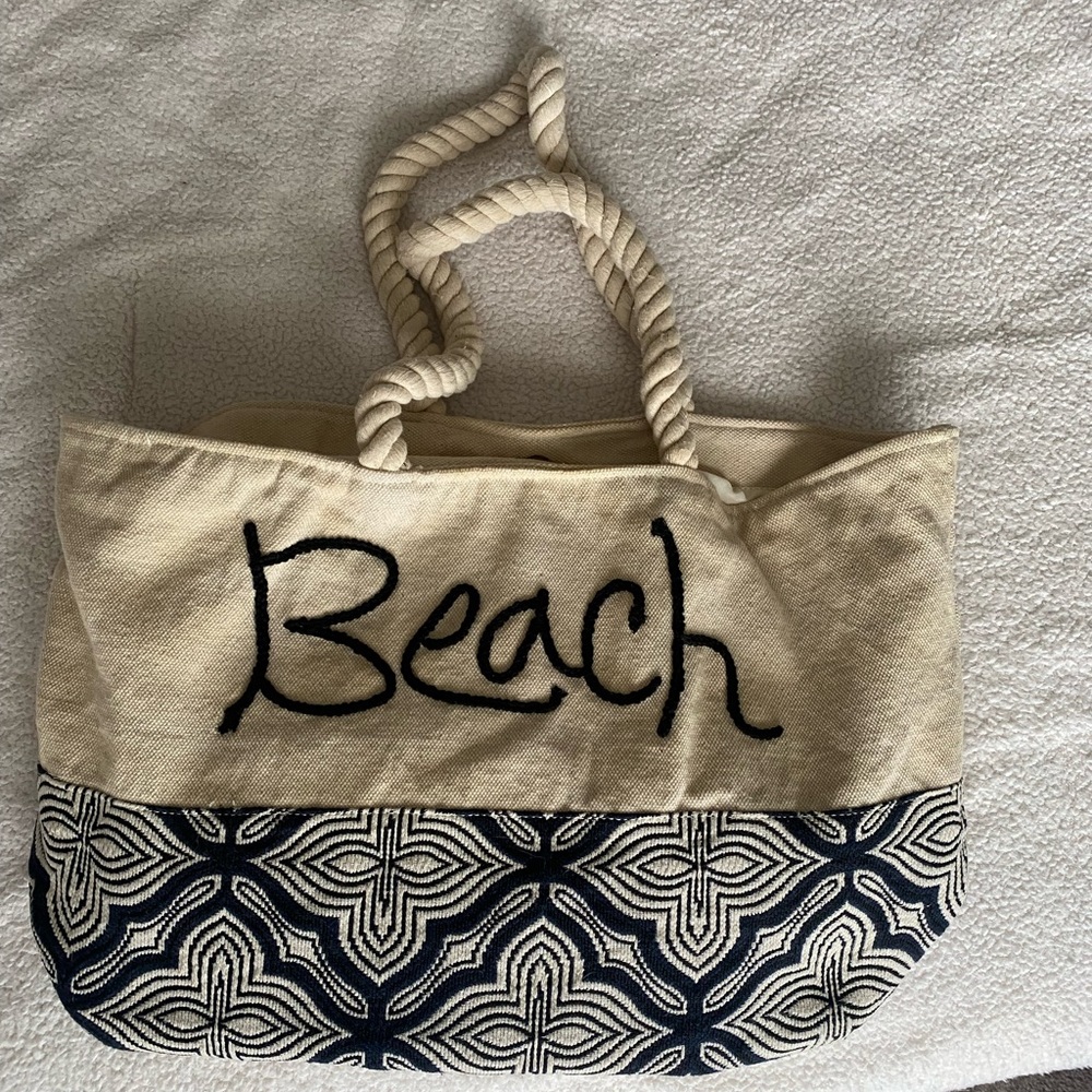 Beach Canvas Tote Bag Rope Handles Embroidered “Beach” Nautical Summer Bag